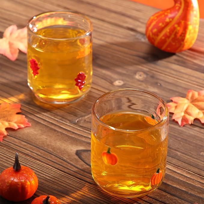 SiliFine 2 Pcs Fall Icon Juice Glasses - 14oz Maple Leaf and Pumpkin Pattern - Image 2