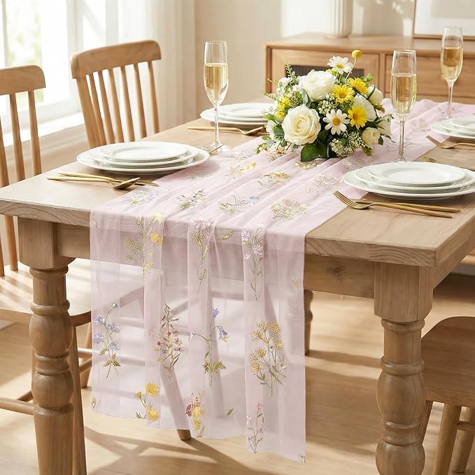 Artoid Mode 6PC Wildflower Floral Light Pink Gauze Embroidery Table Runner 120 - Image 2