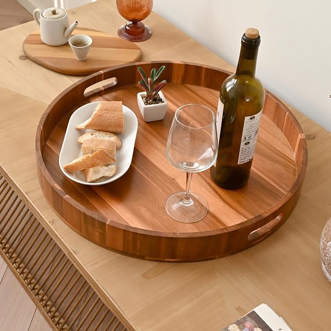 20 Inch Extra Large Round Serving Tray HeavyDuty Acacia Wood Tray - Image 3