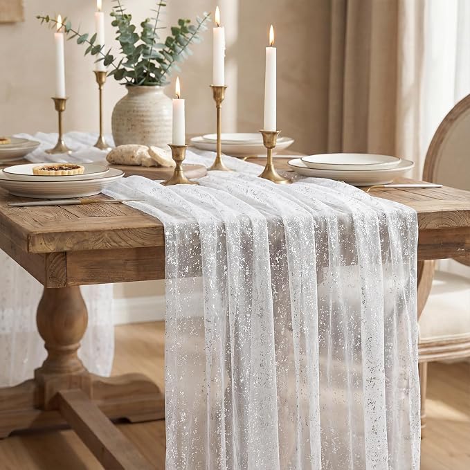 Artoid Mode White Silver Gauze Table Runner 59x120 Inch 10FT, Glitter Metallic - Image 3