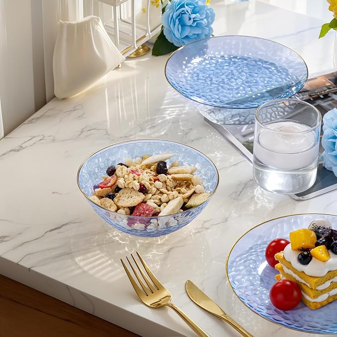 50 Pack 12 Ounce Blue Plastic Bowls Hammered Clear Bowl - Image 5