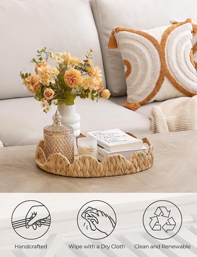 StorageWorks Elliptical Wicker Scalloped Tray, Water Hyacinth Rattan Trays | - Image 4