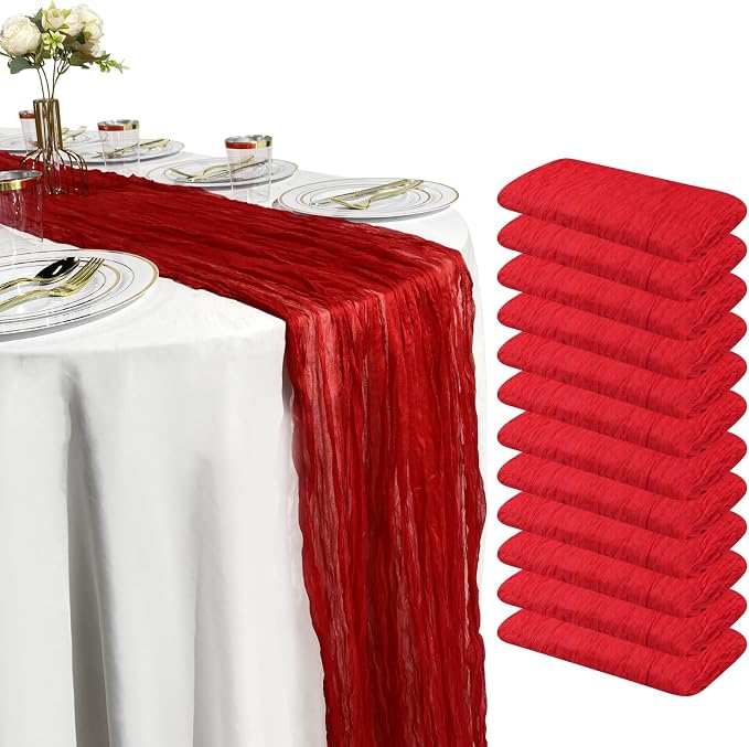 12 Pack Red Cheesecloth Table Runner Set – 10FT x 12pcs Gauze Boho Table Runners by HQ-SITE