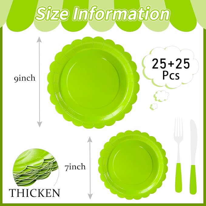 50 Pcs Lime Green Scalloped Paper Plates 25 × 7'' and 25 × 9'' Disposable Lime - Image 3