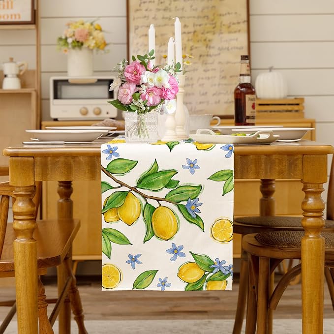 Summer Amalfi Coast Lemon Fruit Table Runner, Seasonal Green Leaves Burlap - Image 3