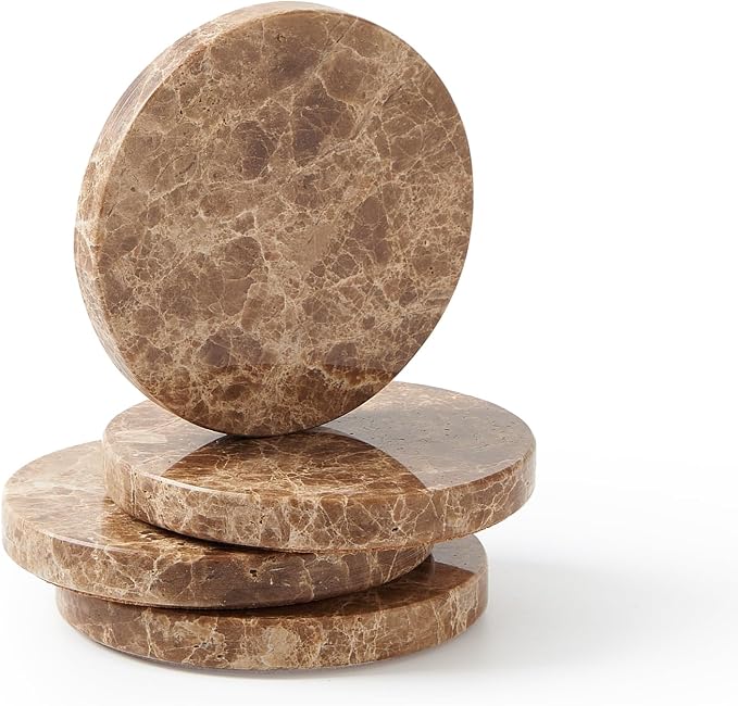 Natural Marble Coaster Set of 4.Round Drinks Coasters, Non-Ceramic/Non-Resin | by STAVORAE
