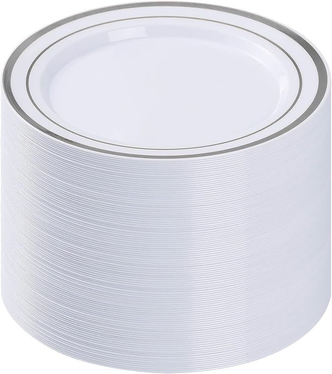 BESTVIP 100Pcs Silver Plastic Plates, 10.25 Inch Disposable Party Plates | by Bestvip