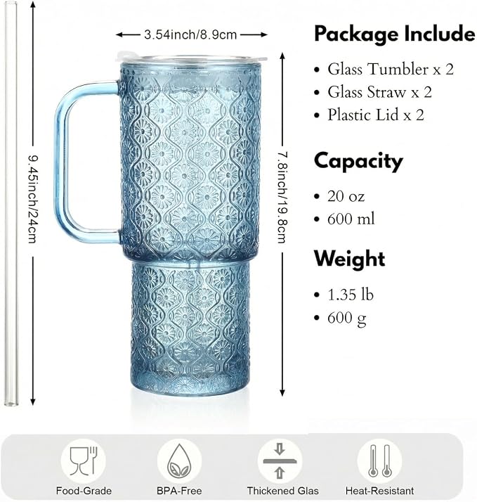 20 oz Blue Glass Tumbler with Lid and Straw, Glass Iced Coffee Cups, - Image 7