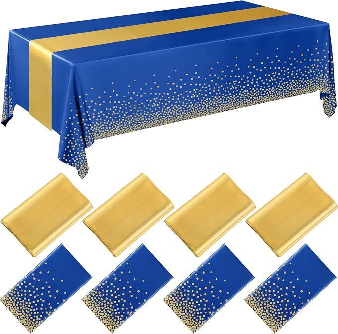 8 Pack Navy Blue and Gold Disposable Plastic Tablecloths and Satin Table Runner by Breling