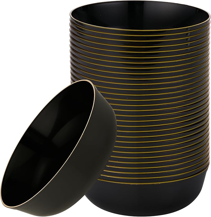 Edge Collection Black with Gold Rim Plastic Party Soup Bowls Premium by PLASTICPRO