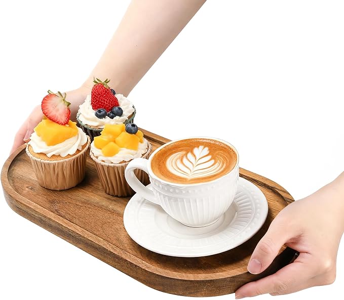 Elsjoy Set of 2 Acacia Wood Serving Trays, Long Wooden Serving Platter Oval - Image 5