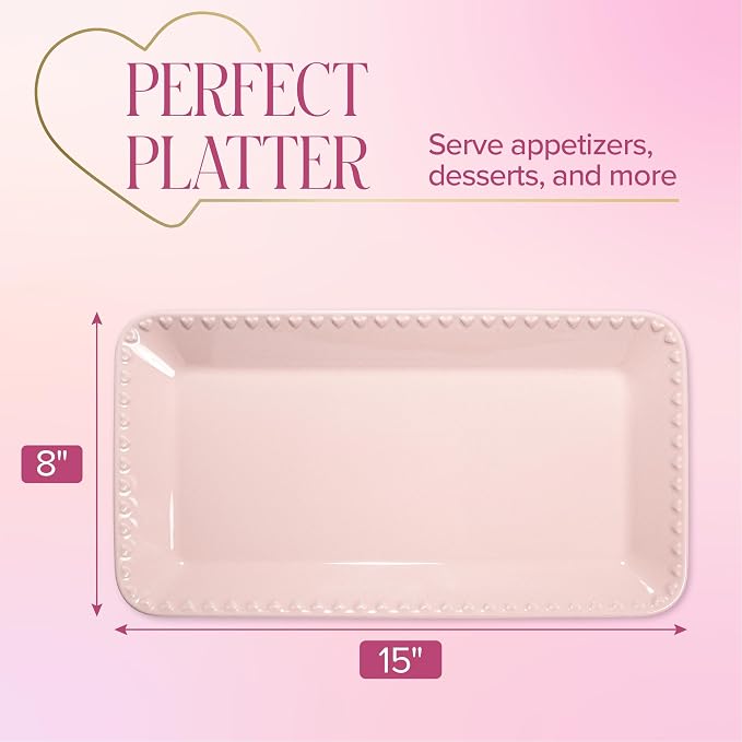 Paris Hilton Rectangle Ceramic Stoneware Serving Platter Tray, Embossed Hearts - Image 6
