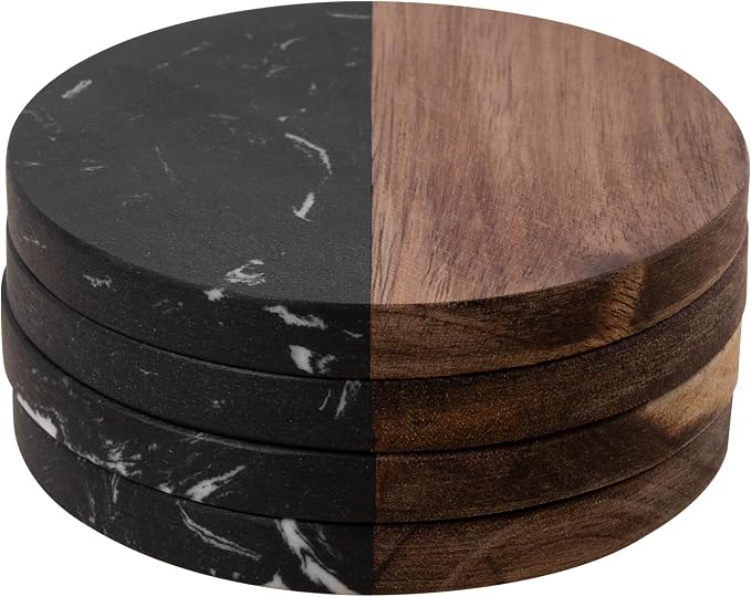 Marble Coasters: 4-Piece Set of Acacia Wood Marble Coasters, Suitable by Kitchenitemsforbeauty