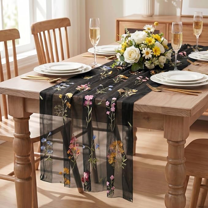 Artoid Mode Wildflower Floral Black Gauze Embroidery Table Runner 120 Inch 10FT - Image 2