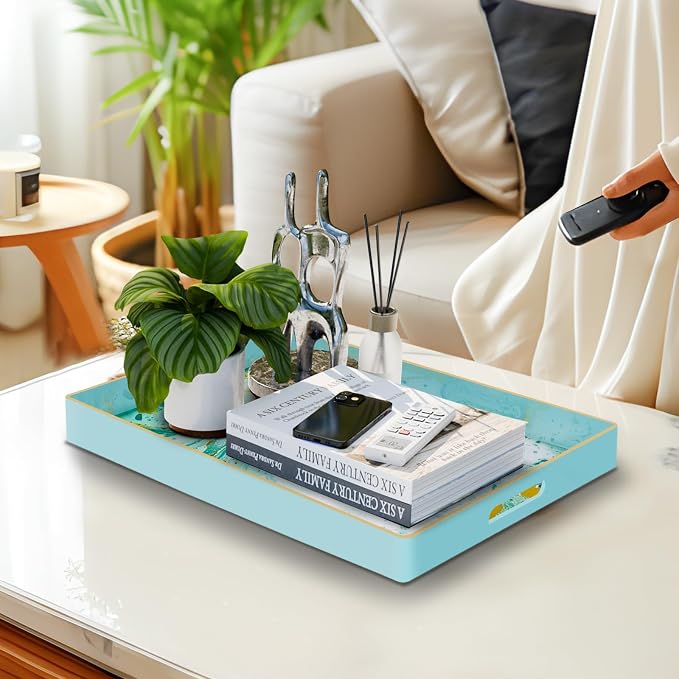 Turquoise Serving Tray with Handles, Plastic Decorative Tray | Green Coffee - Image 6