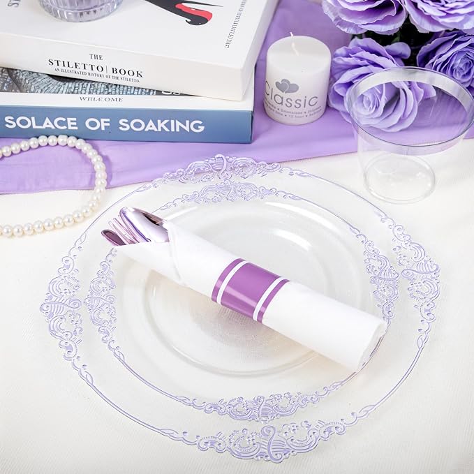 175 Pcs Clear Purple Plates for Party | Party Plates Set for 25 Guests - Image 7