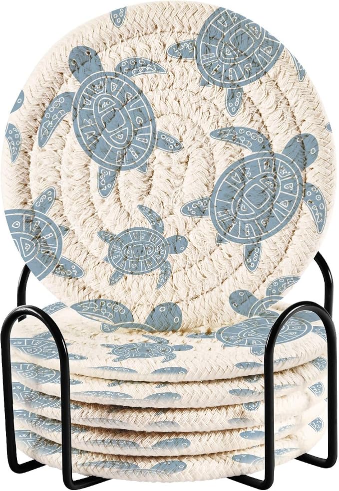 Turtle White Print Coasters for Drinks Set of 6 Absorbent Woven Drink Coaster by Unknown