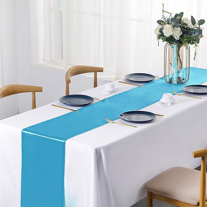 SiinvdaBZX 4 Pcs Teal Blue Satin Table Runner 12 x 108 inches Long | Bright - Image 2
