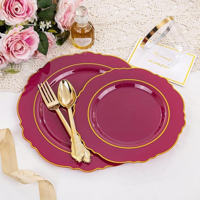 350PCS Red Plastic Plates-Disposable Burgundy Red and Gold Plates 50guest - Image 5