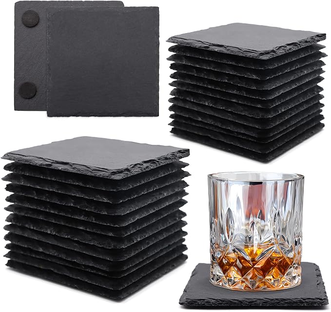 VIBRATITE 24 Pack 4 Inch Square Black Slate Drink Coasters | Laser Engraving by VIBRATITE