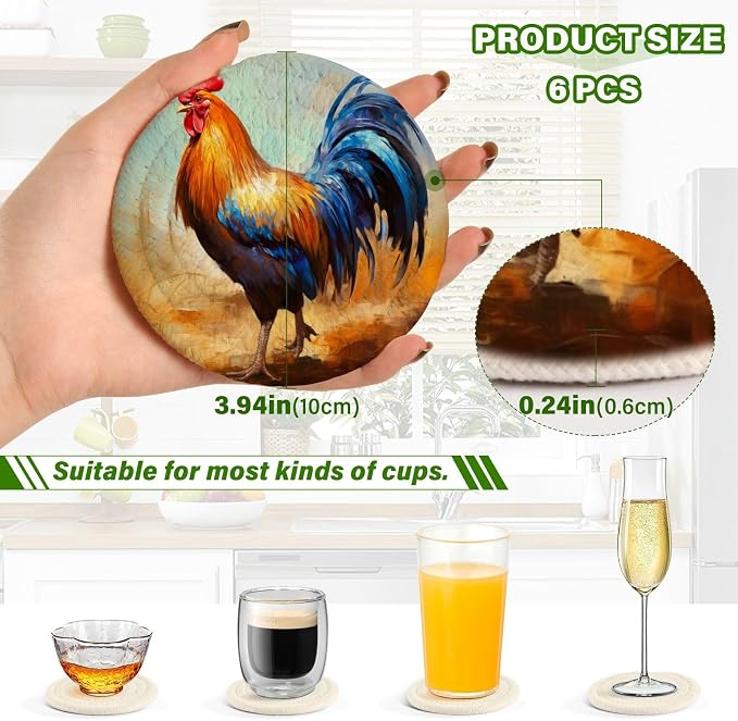 YETTASBIN Rooster 6 Pcs Drink Coasters - Image 3