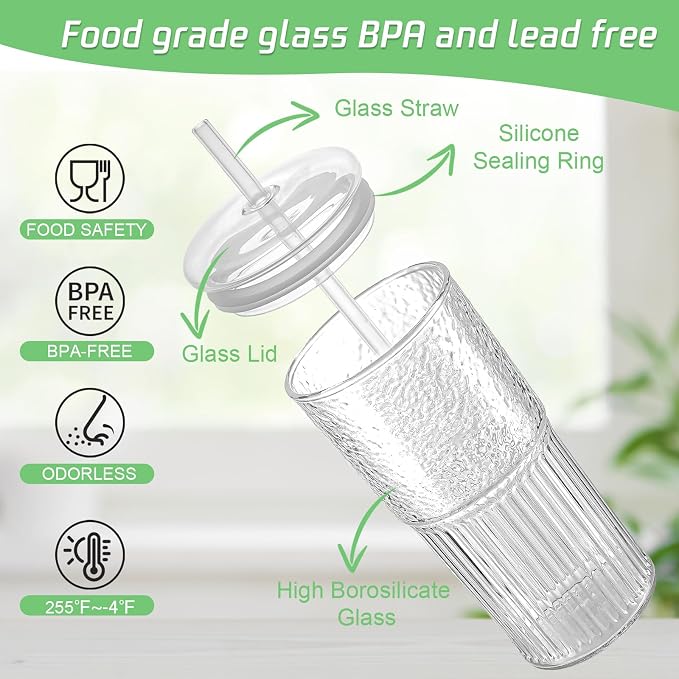 Luiaiog Glass Cups with Lids and Glass Straws, Mason Jar Cups High Borosilicate - Image 3