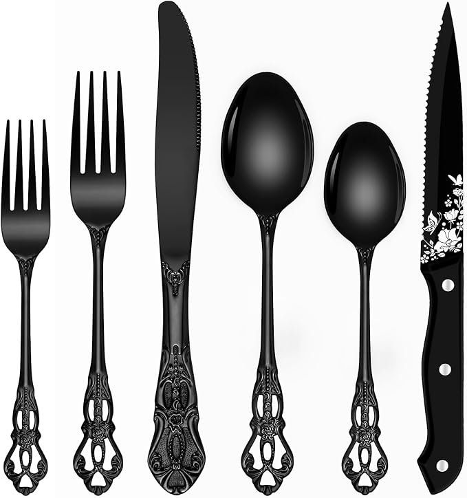 Black Silverware Set, Ollex 24 PCS Retro Royal Silverware Flatware Set by OllexSilverwareSets