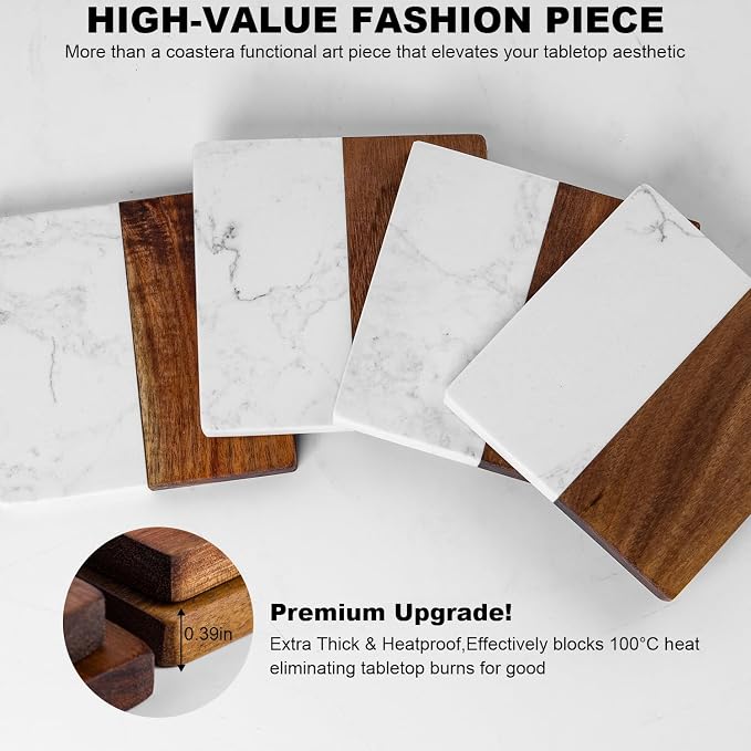 Marble Coasters: 4-piece Set of Acacia Wood Marble Coasters, Suitable - Image 3