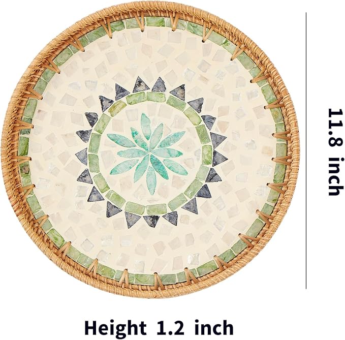 Kmelep Round Rattan Tray with Mother of Pearl Inlay, Rattan Serving Tray with - Image 6