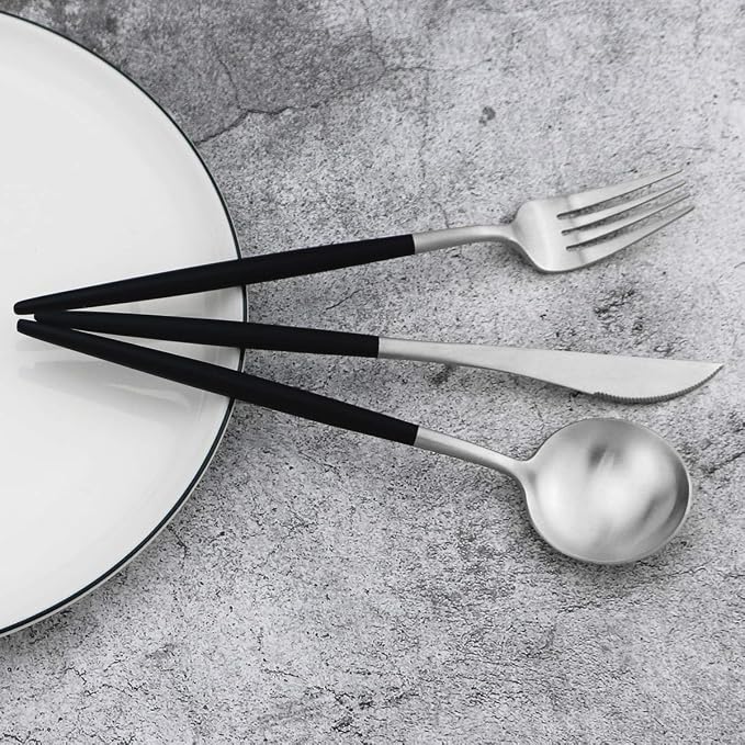 Black Handle Matte Silver Silverware Set - Image 7