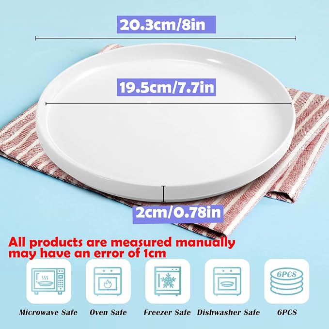 Set of 6 Porcelain Dinner Plates. 8 Inch, Round Dessert Salad Plates - Image 2