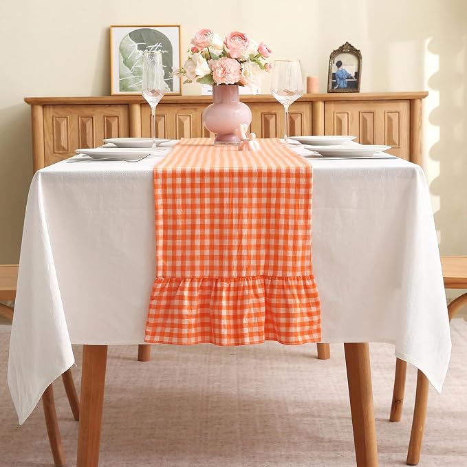 Orange White Plaid Gingham Ruffle Table Runner 120 inches Long 100% Washed by KMASANIJI