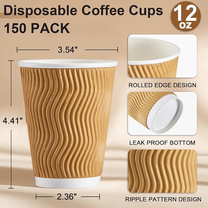 SIUQ 150 Pack 12 oz Disposable Coffee Cups, Insulated Corrugated Paper Cups | - Image 2