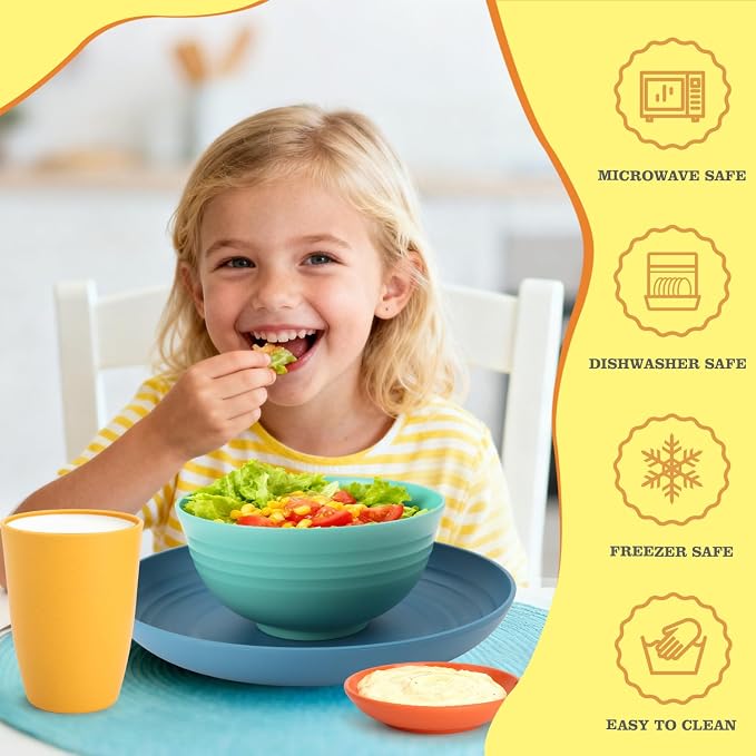 Wheat Straw Dinnerware Sets, Unbreakable Plates and Bowls Sets of 16, Kids - Image 4