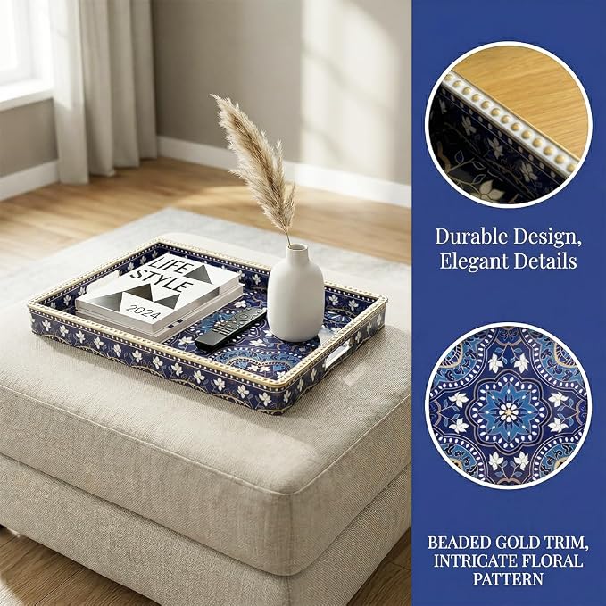 Boho Serving Tray with Handles, Large Rectangular Decorative Ottoman Tray with - Image 2