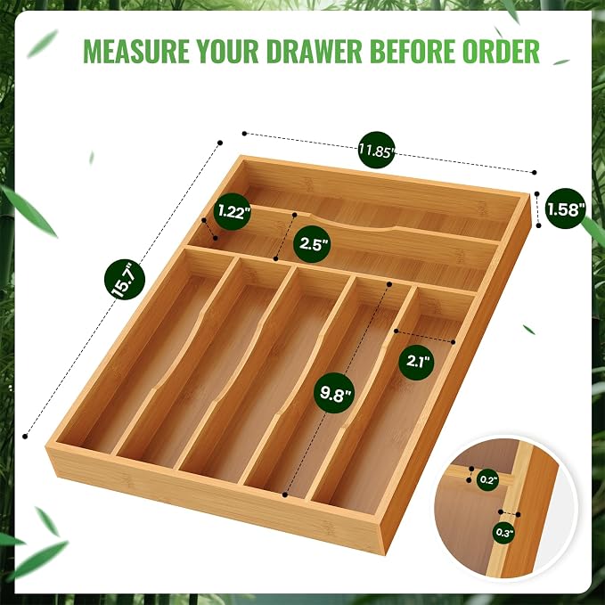 Bamboo Silverware Organizer, 12 Inch Bamboo Kitchen Drawer Cutlery Organizer - Image 3