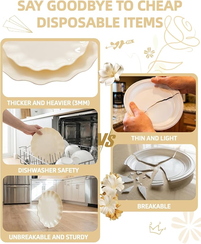 LIYH 24 Pcs Plastic Plates Reusable, Unbreakable Dinner Plates, Scalloped - Image 8