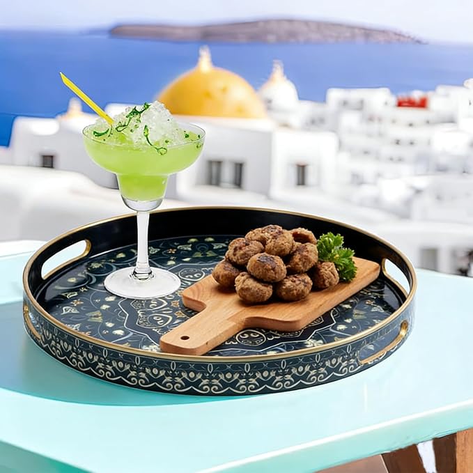 Round Serving Tray with Handles | Plastic Ottoman Tray Coffee Table Tray - Image 5