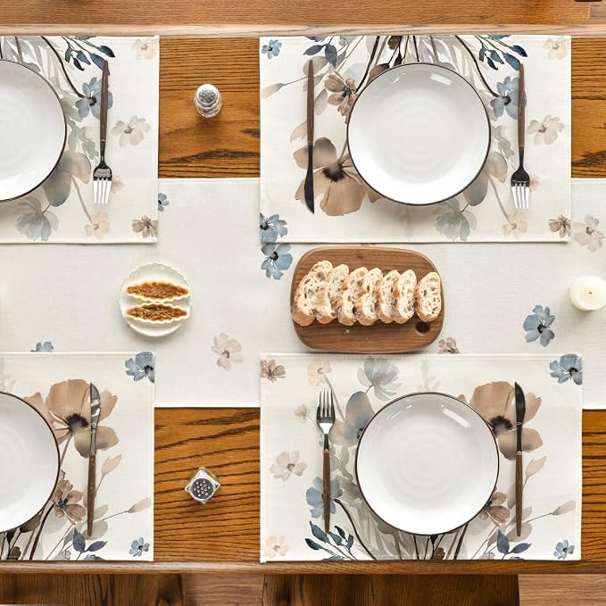 Artoid Mode Brown Poppy Floral Leaves Fall Placemats Set of 4, 12x18 Inch - Image 5