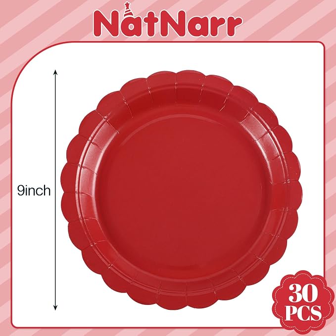NatNarr 30 Pcs Red Paper Plates 9" Disposable Scalloped Red Party Plates | Cute - Image 2