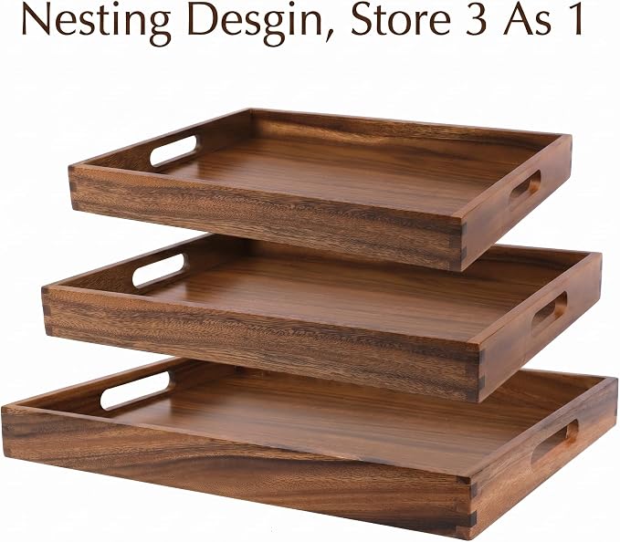 Acacia Wood Tray Set of 3, Stackable Serving Trays - Image 4