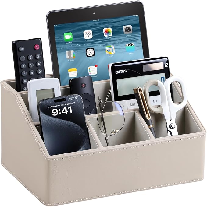 PU Leather Desk Organizer, Remote Control Holder, Dark Beige | Luxury by MEIBOOCH