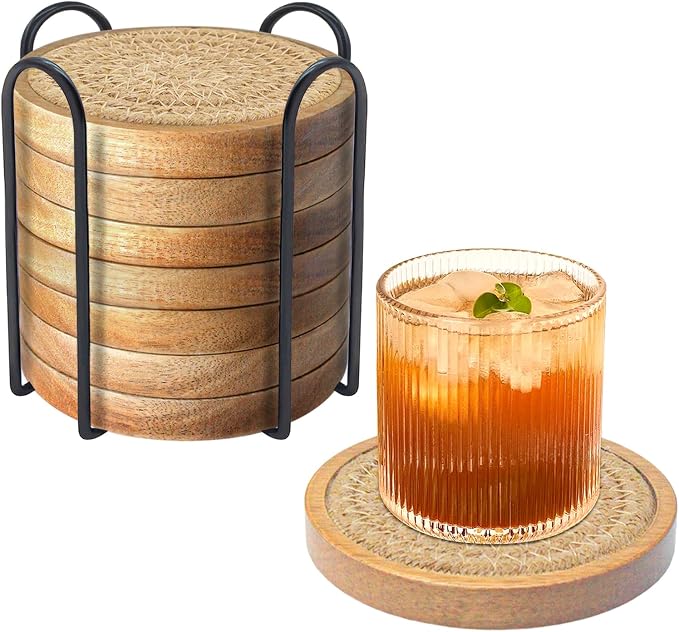 Eykao Wood Coasters for Drinks, Absorbent Coaster Sets of 8, Woven Drink by Eykao