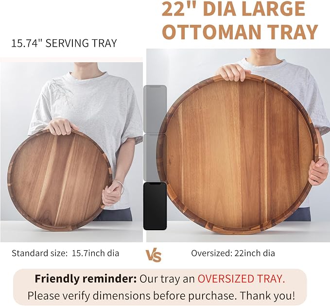 Extra Large Round Ottoman Coffee Table Tray, Huge Wood Serveware Tray - Image 2