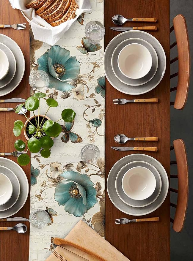 Turquoise Tulip Table Runners 120 Inches Long, Spring Vintage Botanical Table - Image 5