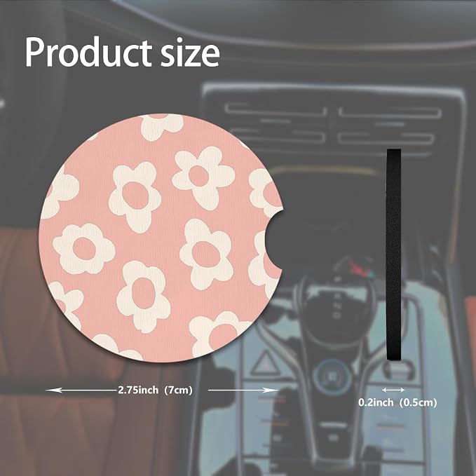 2pcs Pink and White Flowers Car Coasters, Absorbent Universal neoprener Cup - Image 2