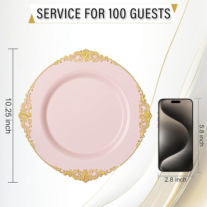 Nervure 100Pcs 10.25'' Pink Plastic Plates, Heavy Duty Disposable Plates - Image 3