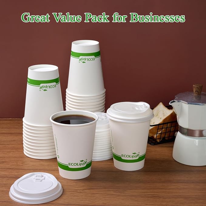 ECOLipak 100 Count 12 oz Compostable Paper Coffee Cups - Image 7