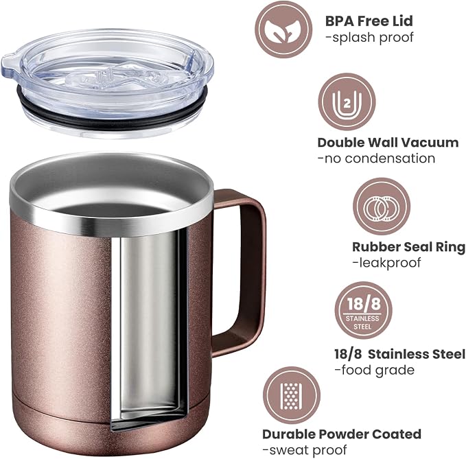 MEWAY 12oz Coffee Mug With Handle and Sliding Lid, Stainless Steel Travel - Image 2