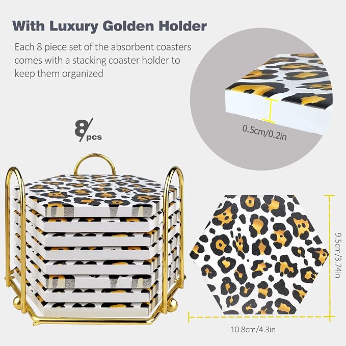 8 Pcs Drink Coasters with Metal Holder Stand, Leopard Print Design Ceramic - Image 2